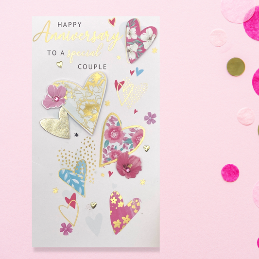 Front image of slim Anniversary Card with decoupage elements, with pink and gold hearts