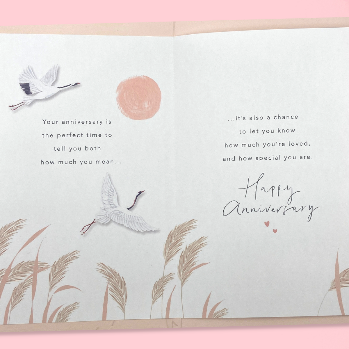 Inside image showing two pages of colour design, two storks and heartfelt verse