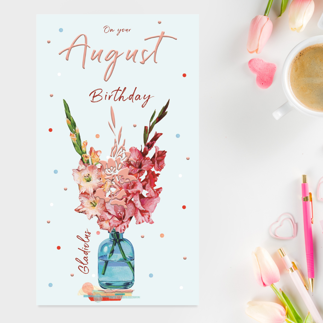 Slim blue card with vase of Gladiolus flowers