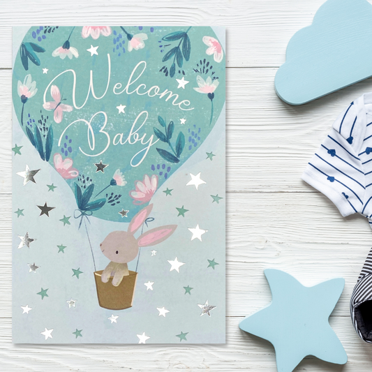 Front image with blue hot air balloon and bunny