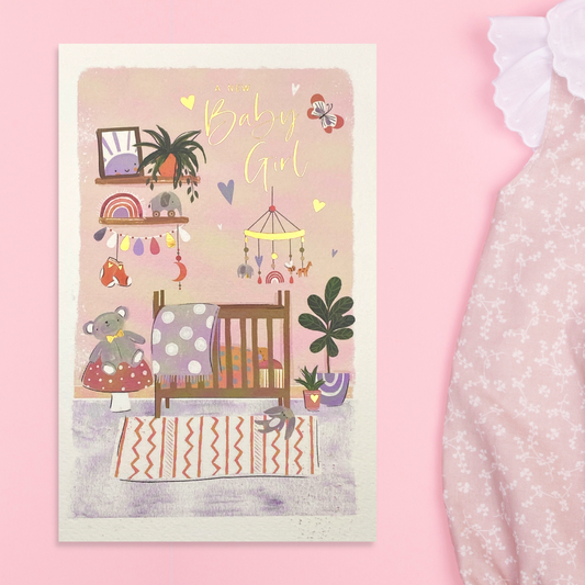 Pretty nursery scene with white border and gold foil accents