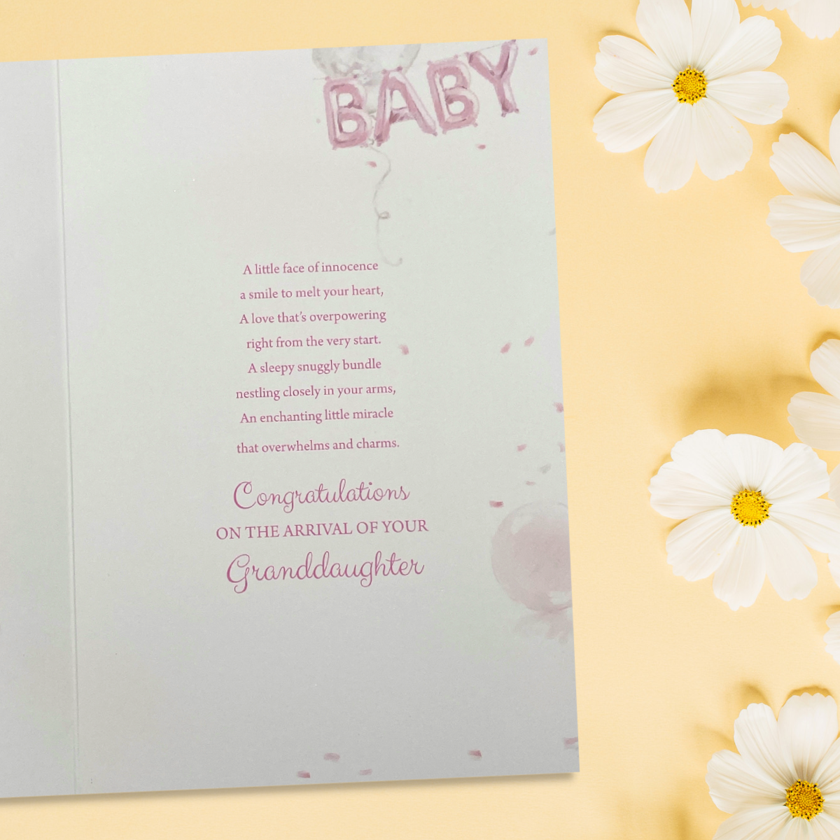 Inside image with colour printed insert and heartfelt verse in pink