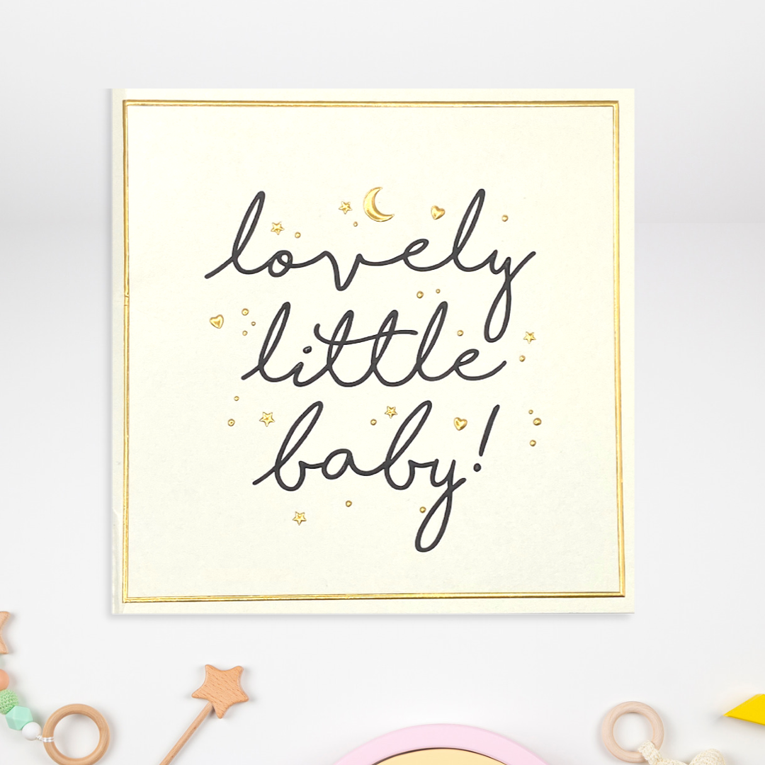 Cream card with black script text and gold hearts and stars
