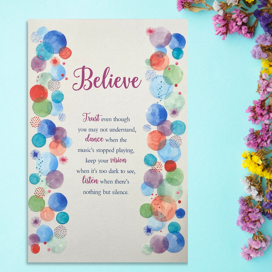 Front image with watercolour circle border and verse