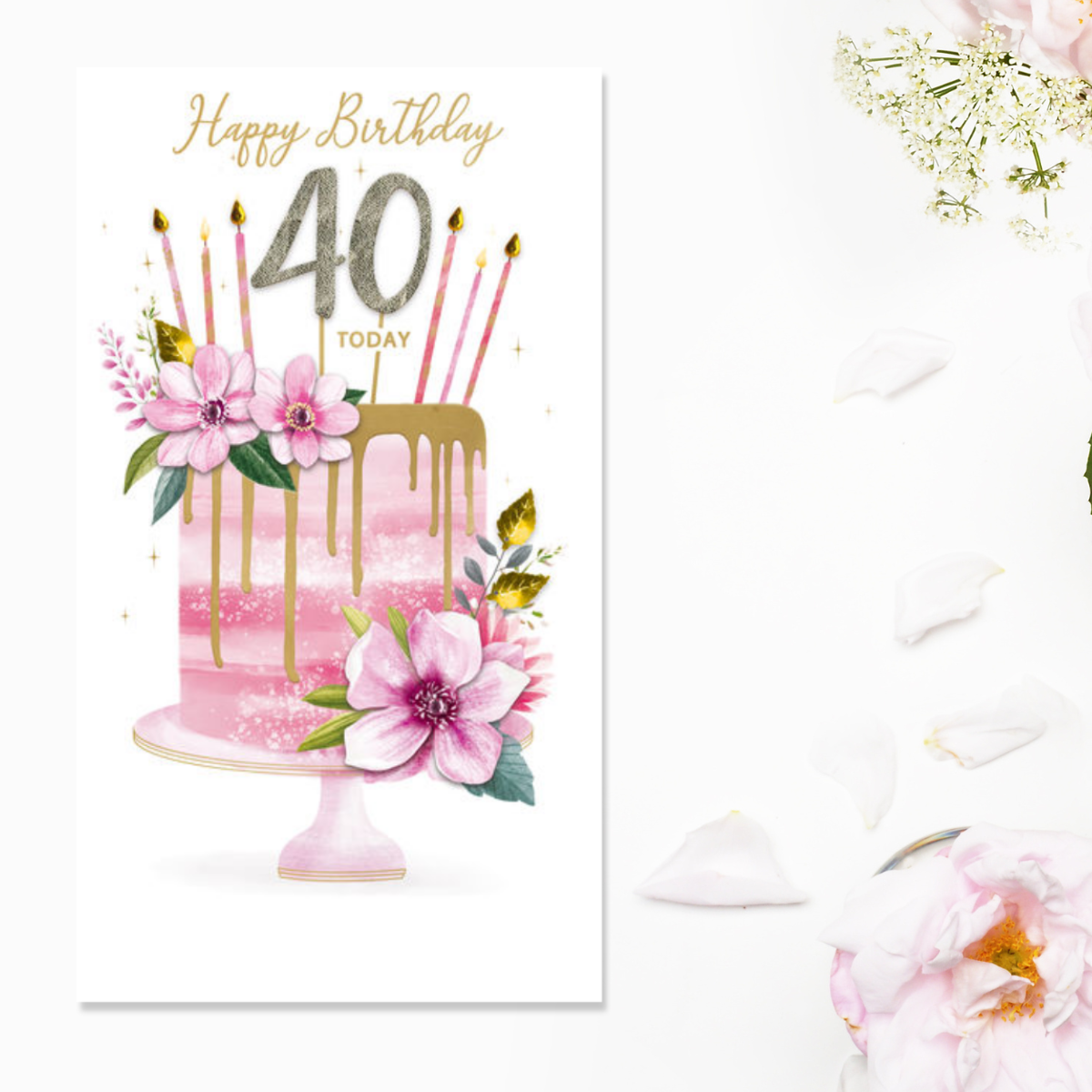 40th Birthday Card - Champagne Decoupage Cake & Flowers
