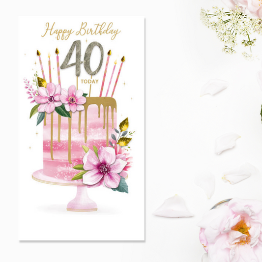 40th Birthday Card - Champagne Cake & Flowers
