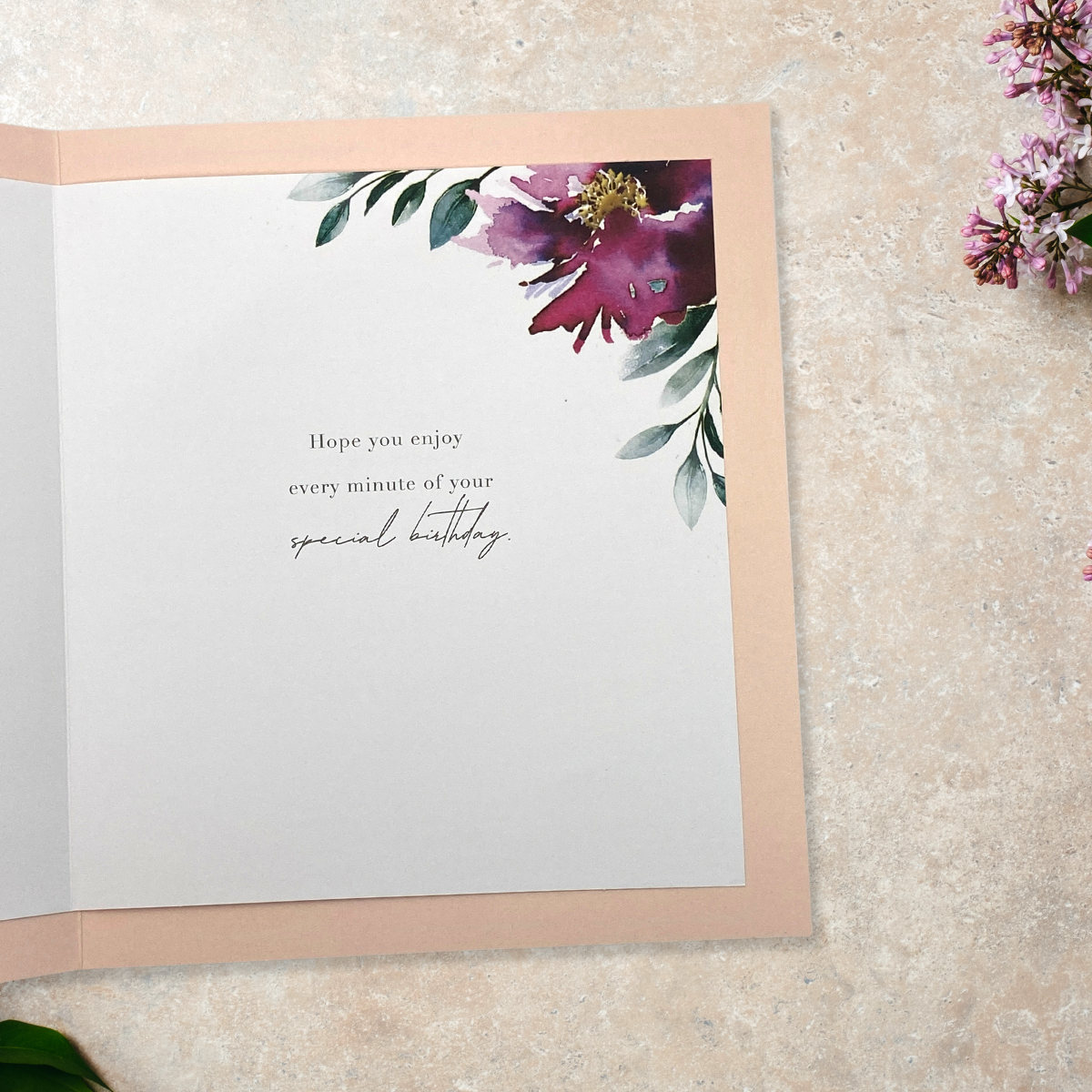 Inside image with printed insert with further watercolour flowers