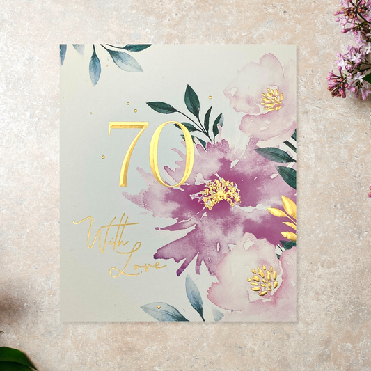 70th Ruby Bloom front image with pink and purple watercolour flowers and gold foil details on square card