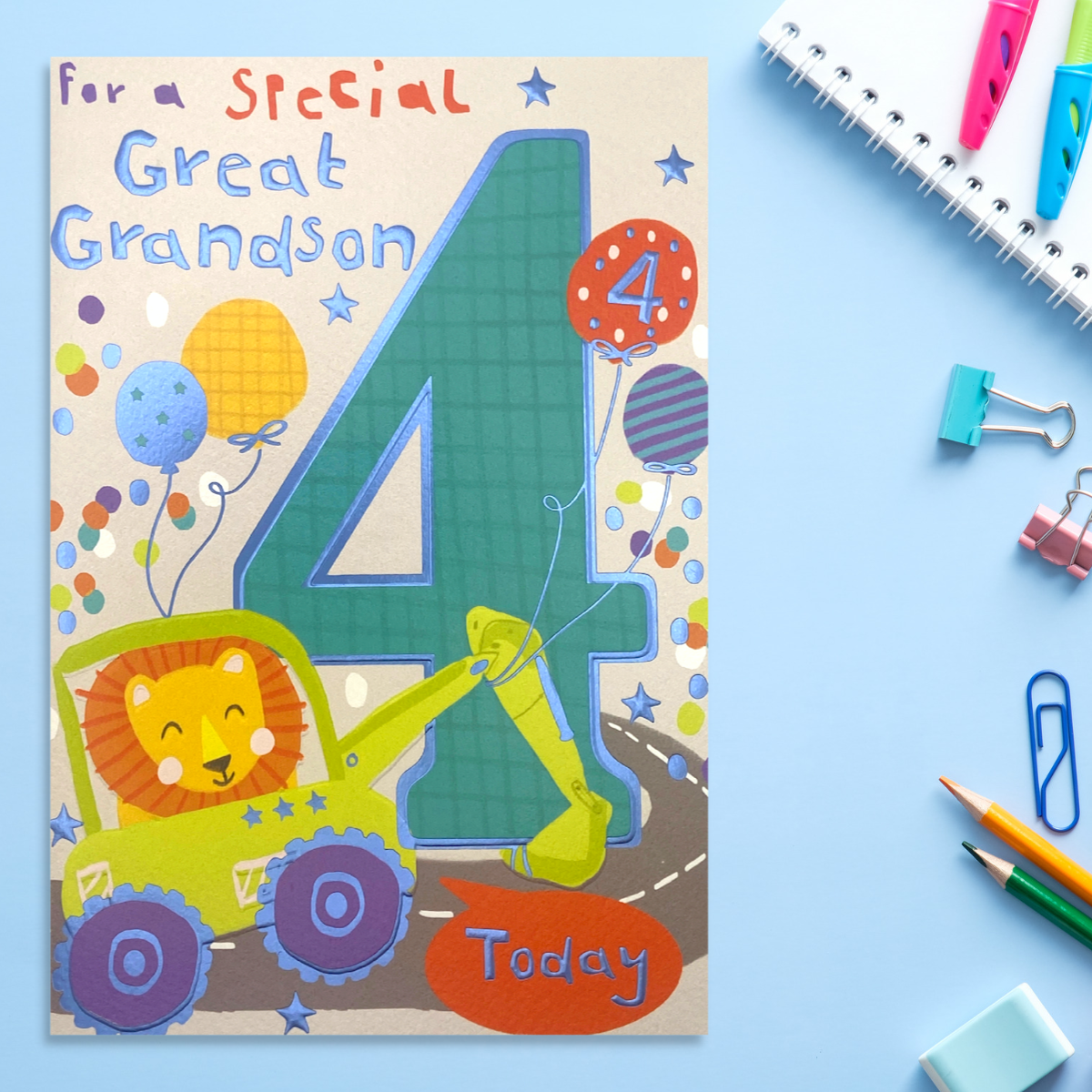 Great grandson 4 birthday card with lion driving digger with balloons