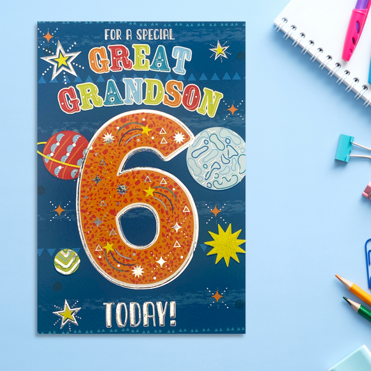 Front image of great grandson 6 card with planets and stars and large number 6