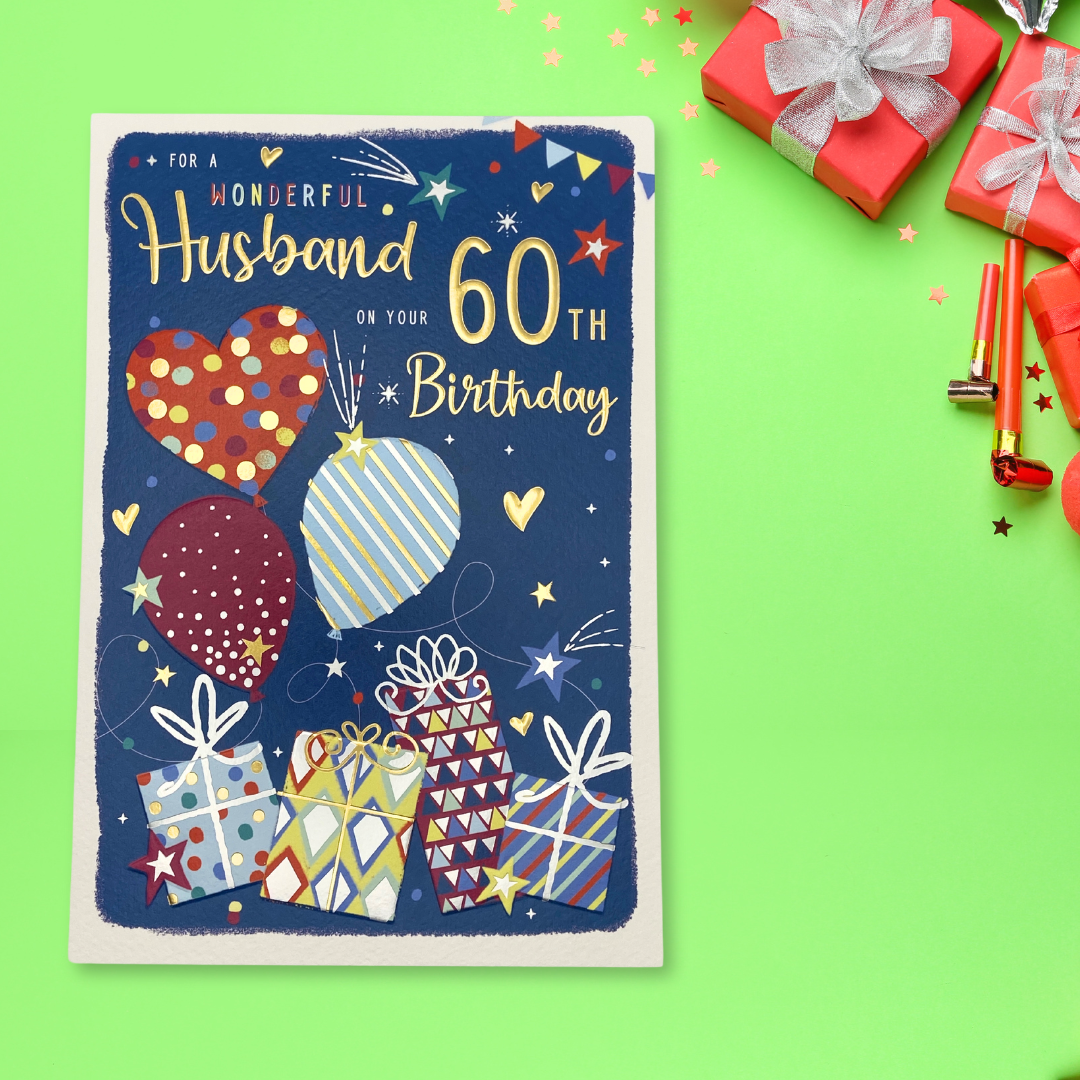 Navy card with bright coloured ballons and hearts