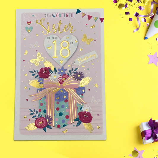 Pink card with multicolour gift with flowers and butterflies, gold foil details and text