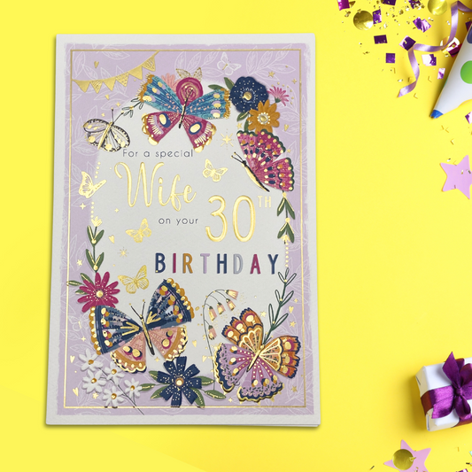 Lilac card with butterfly border and gold foil text