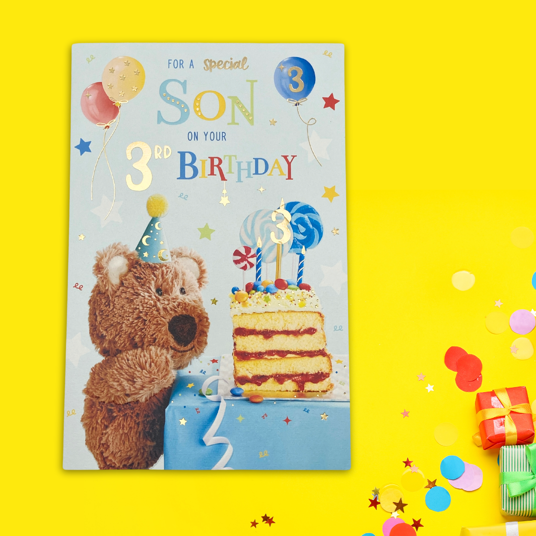 Cute Barley Bear blowing out a large cake! With gold foil details.