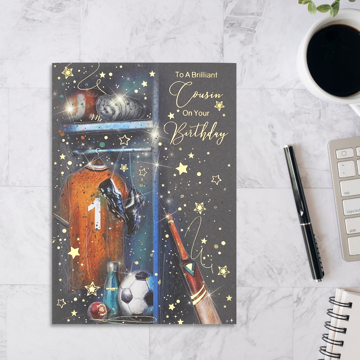 Grey card with sporting equipment and gold stars and text