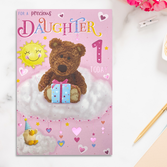 Pink card with cute bear & gift on a cloud with hearts