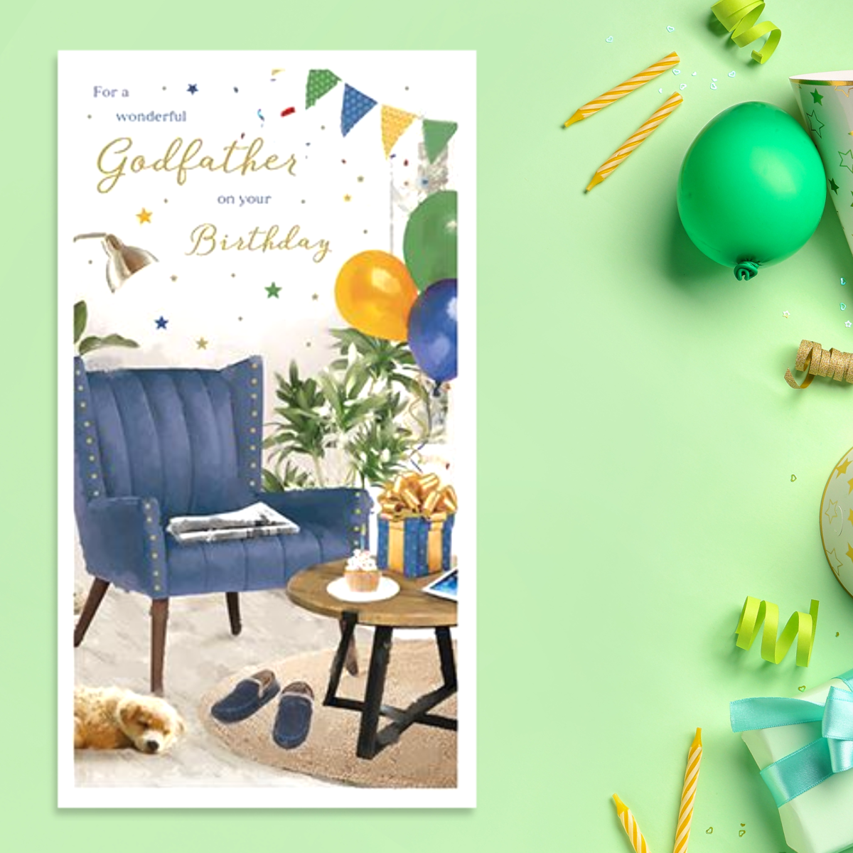 Slim card with Blue armchair and slipper with sleeping puppy scene