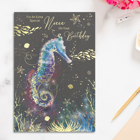 Grey card with stunning coloured seahorse with gold foil fish and details