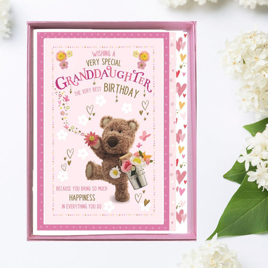 Pink large Boxed card with Barley Bear character among flowers