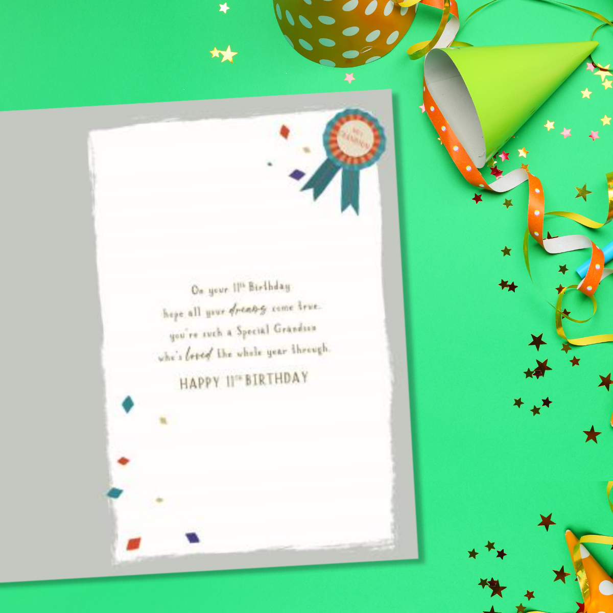 Inside image view with grey and white card and colour illustrations and verse