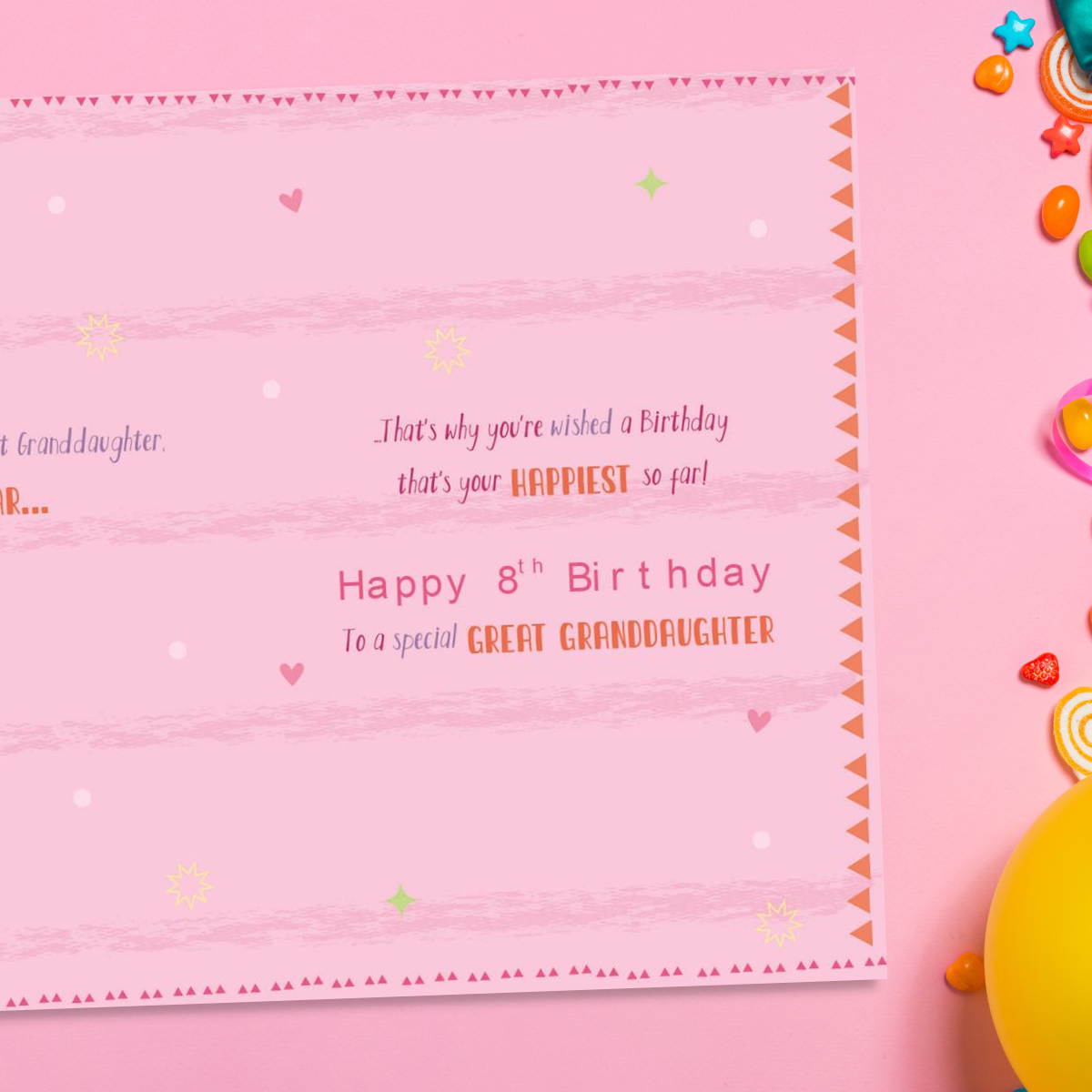 Inside image with pink design and bunting border with verse