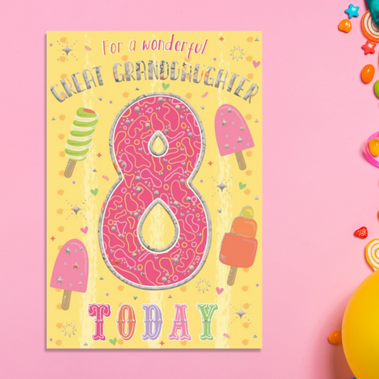 Yellow card with pink number 8 and ice lollies