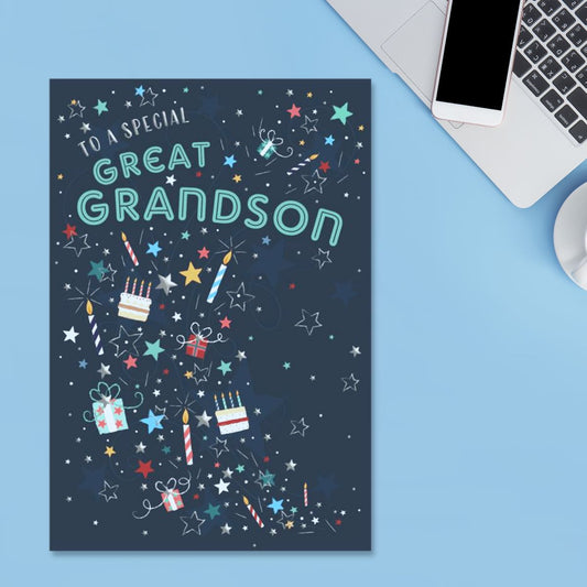 Navy card with aqua text and colourful confetti burst design