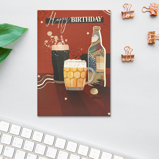 Orange theme card with beers and tankard with gold foil details