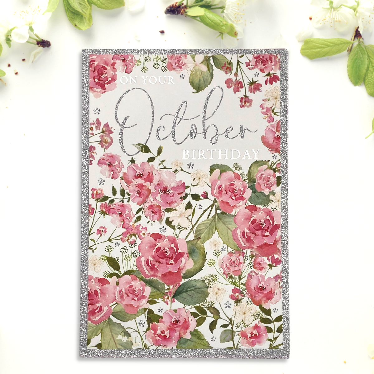 Front image with pink peonies and silver glitter border