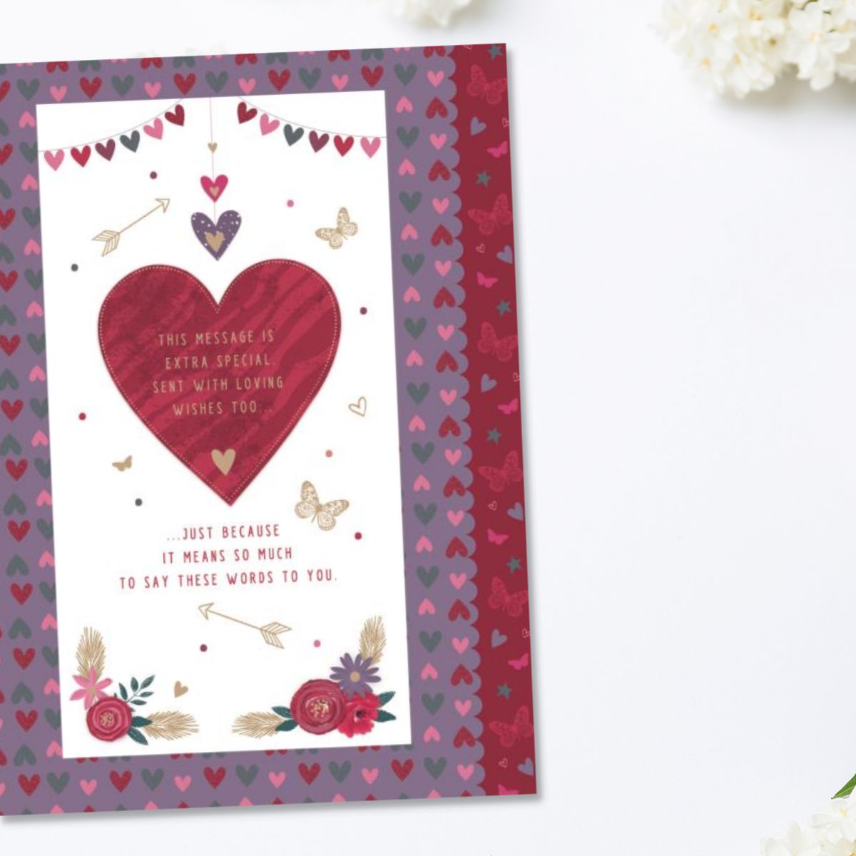 Inside first two pages, full colour verse and illustrations, with heart and butterfly border