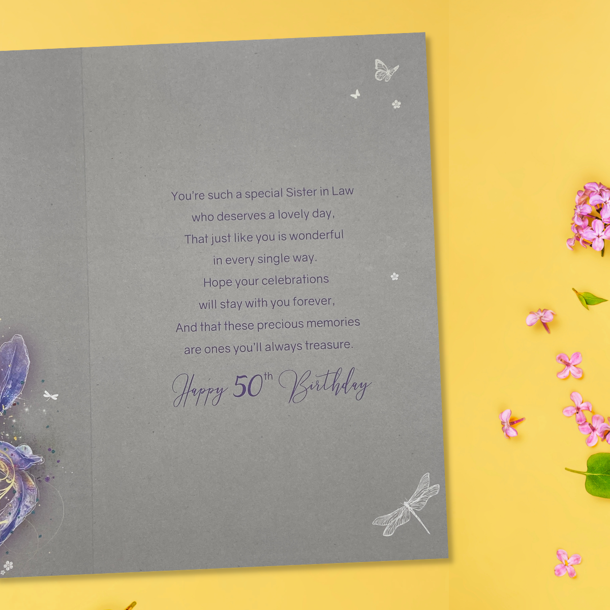 Sister-In-Law 50th Birthday Card - Grace Flowers & Dragonflies