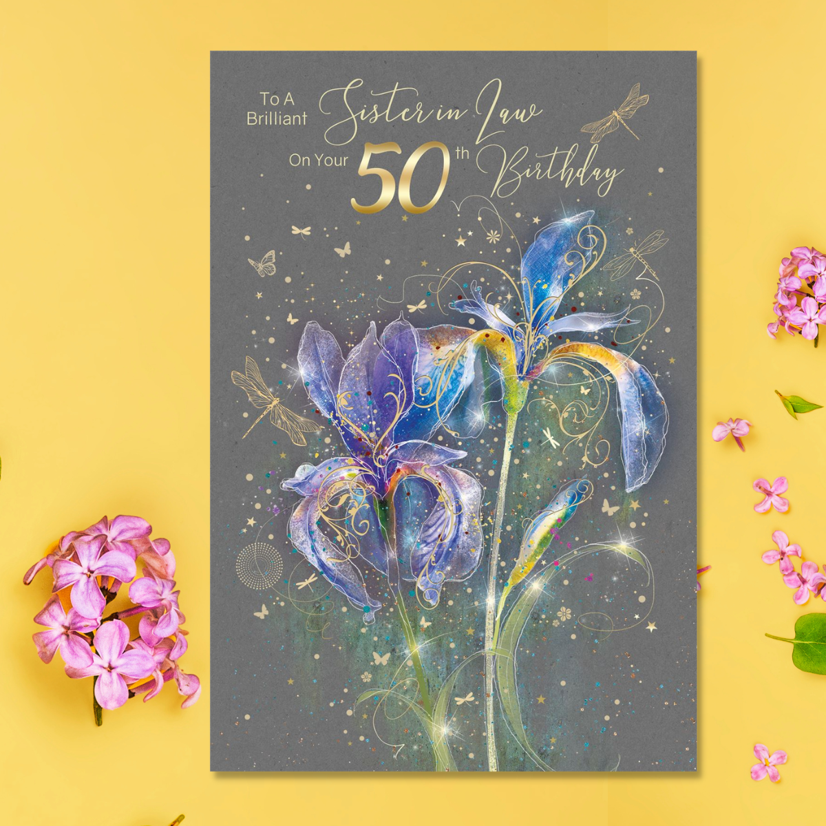 Sister-In-Law 50th Birthday Card - Grace Flowers & Dragonflies