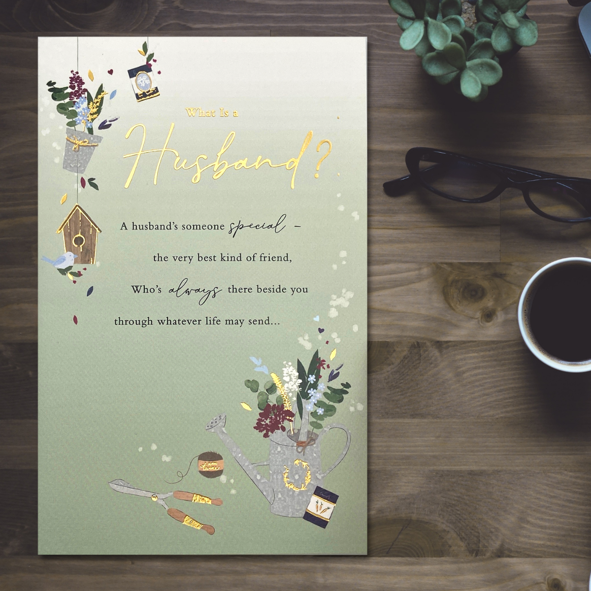 Sage and white colour card with gold foil text and gardening illustrations with heartfelt words