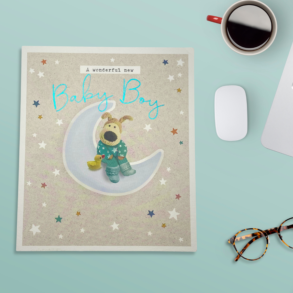 Square boofle card with character sitting on the moon