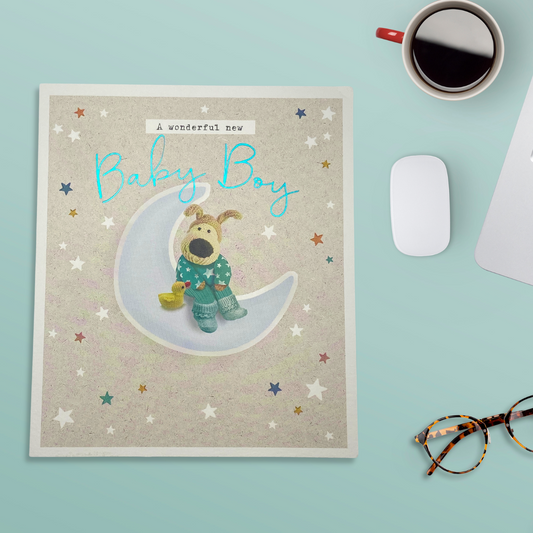 Square boofle card with character sitting on the moon