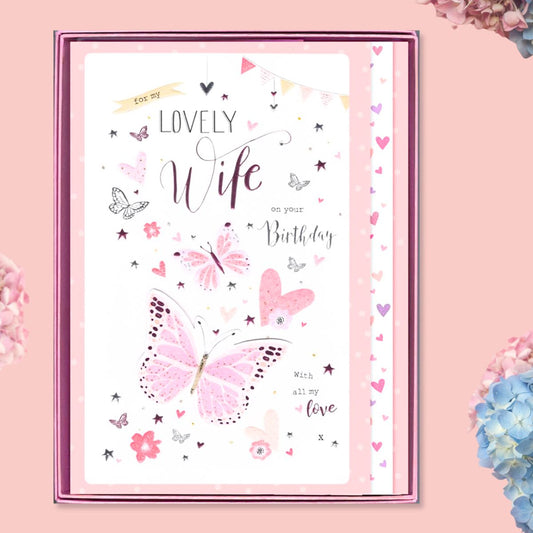 Large Birthday card in pink box with pink and silver butterflies