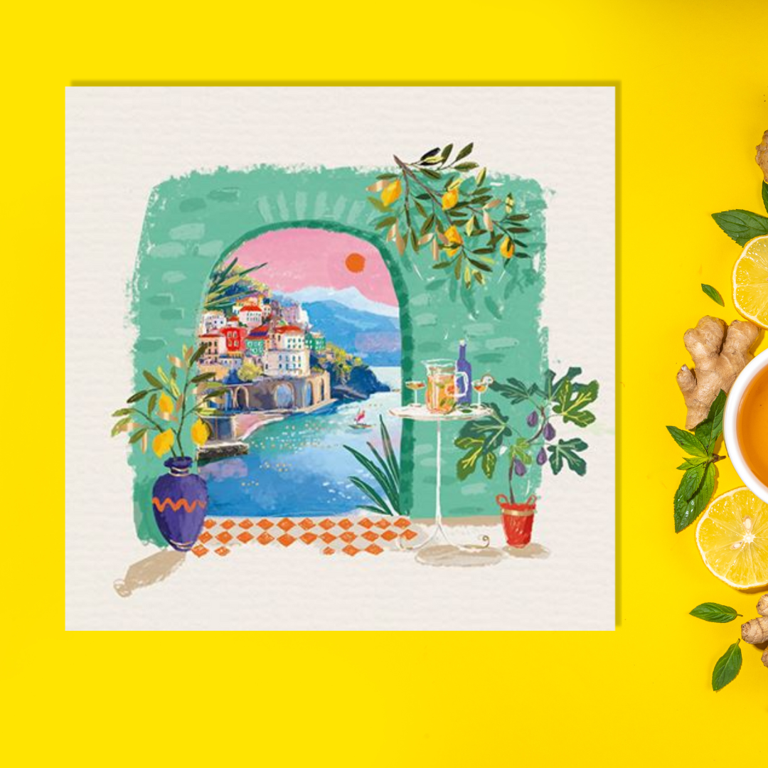 White card with Amalfi sunset view surrounded by lemon trees