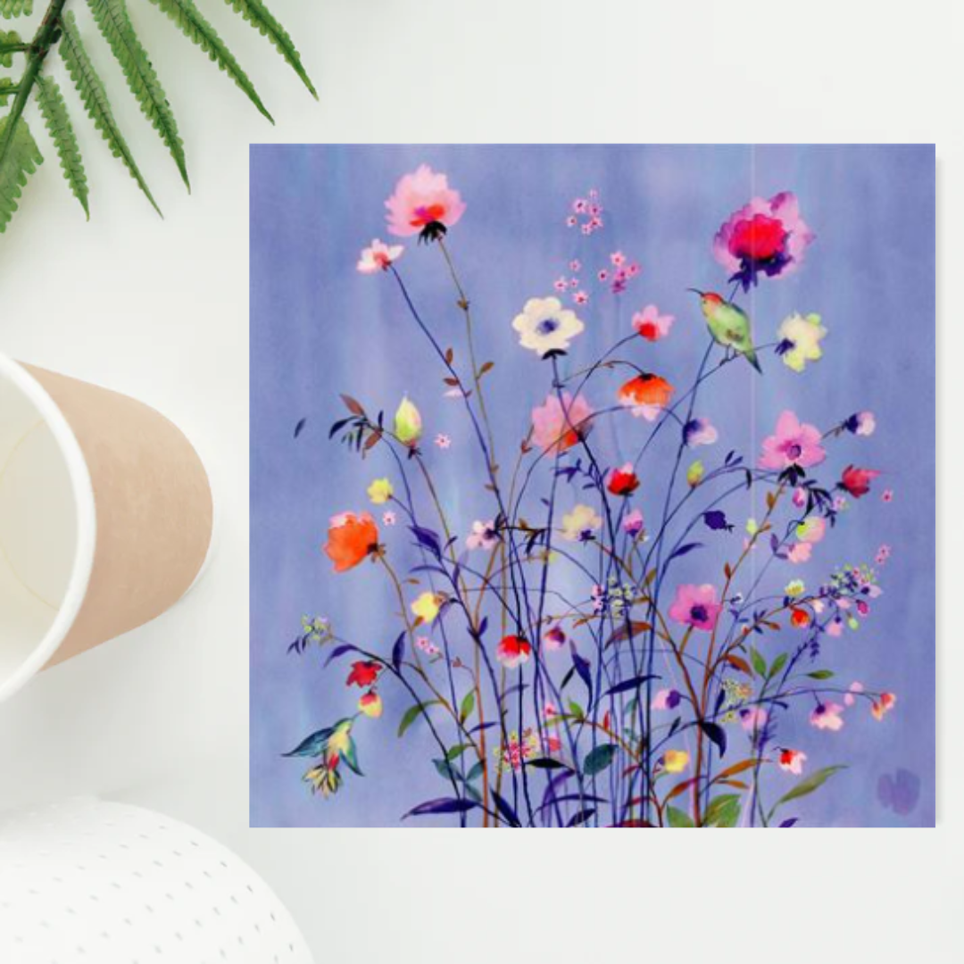 Square card with lavender colour sky and pretty wild flowers
