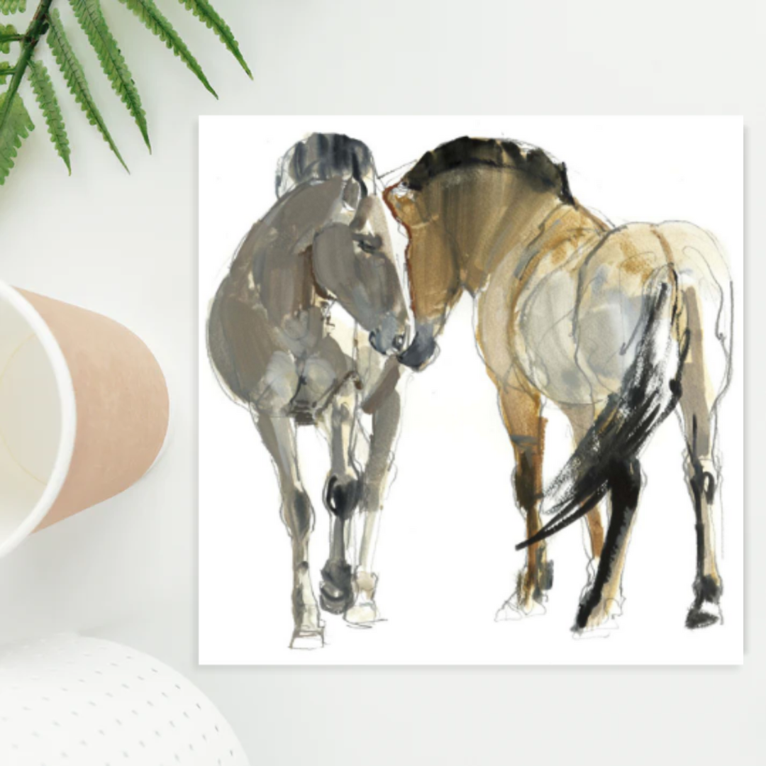Square card with two watercolour horses embracing