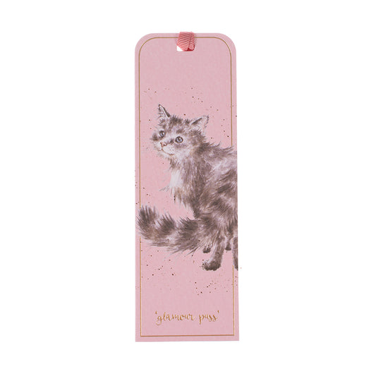 Pink bookmark with grey and white cat