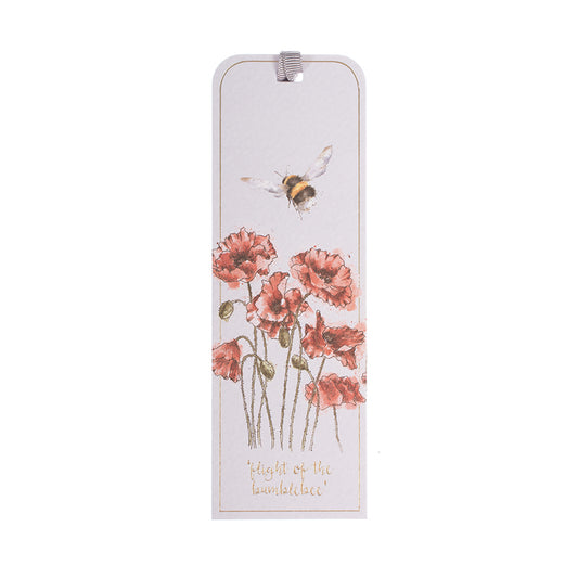 Grey bookmark with red flowers and bumblebee