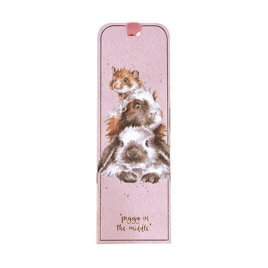 Front image of pink bookmark with three guinea pigs