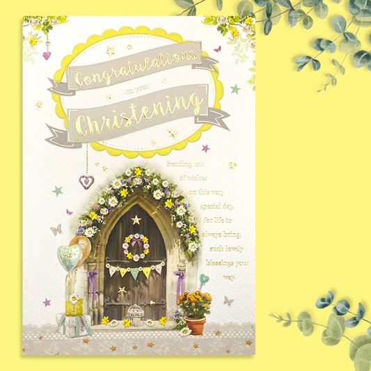 Front image with Church door and yellow and purple flower garlands