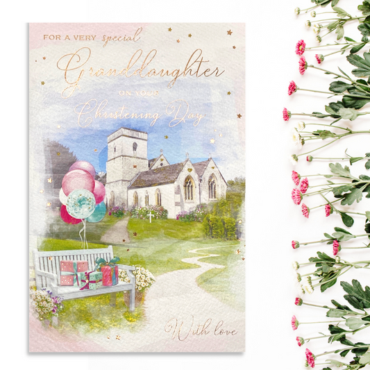 Front image with church, bench with balloons and gifts, with rose gold text
