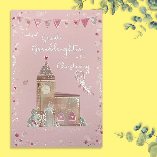 Front image with pink background and church with pink bunting and balloons