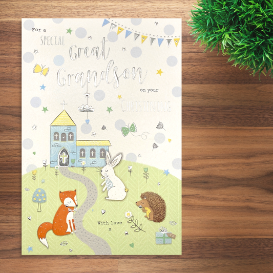 Front image with church and woodland animals with bunting