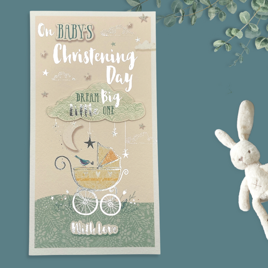 Slim card with cream and green design, pram and cloud, moon and stars
