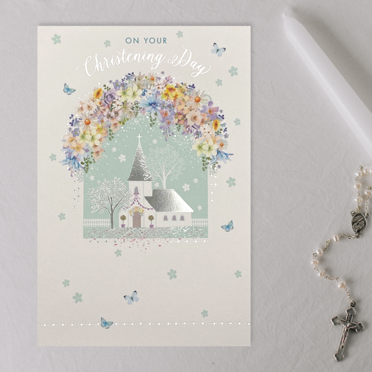 Front image with silver foil church, with floral garland and butterflies