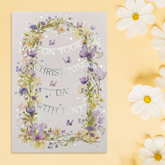 Front image with pretty floral garlands, purple flowers, butterflies and bunting text