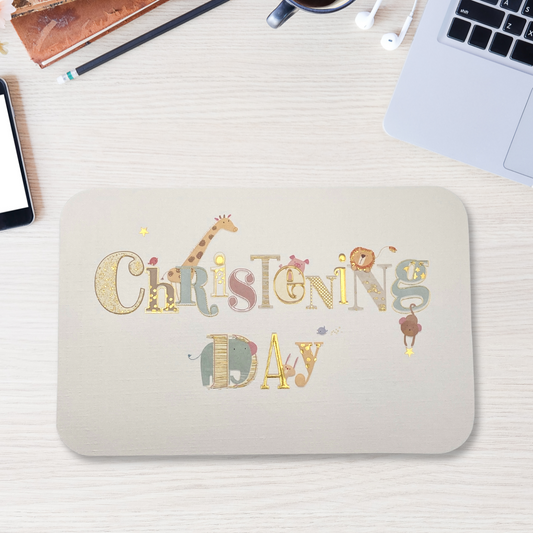 Rounded edged card with text surrounded with animals and gold foil details